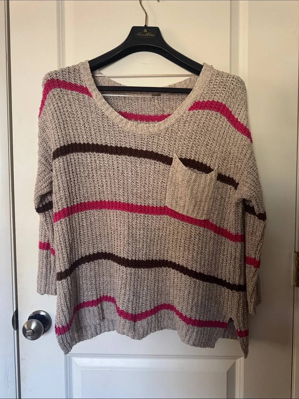 Free People Women Brown Scoop‎ Neck Striped Pullover cable knit Sweater small